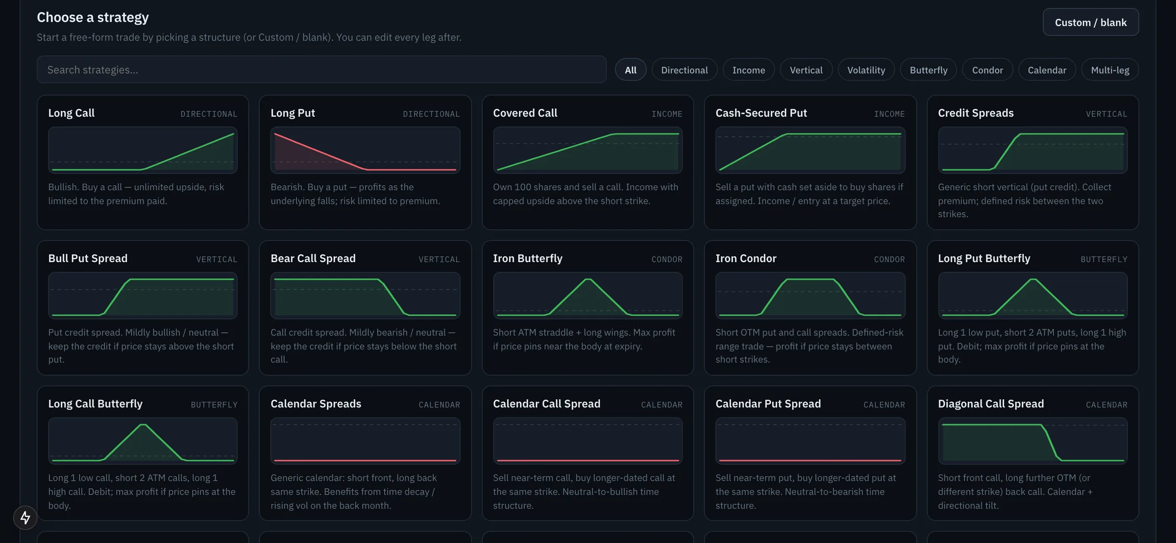 Strategy picker with payoff thumbnails for long call, iron condor, calendar spreads and more
